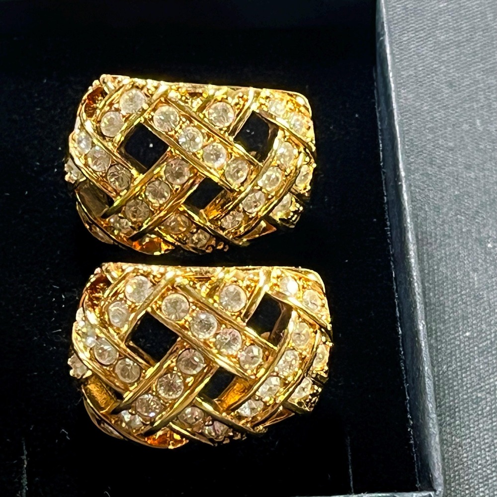 Swarovski Signed Gold Plated Woven Lattice Zirconia Statement Stud Earrings